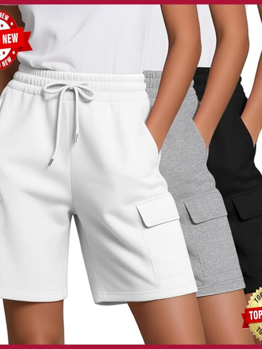 3 Pack Women's Cargo Bermuda Shorts Elastic Waist Knee Length with Pockets